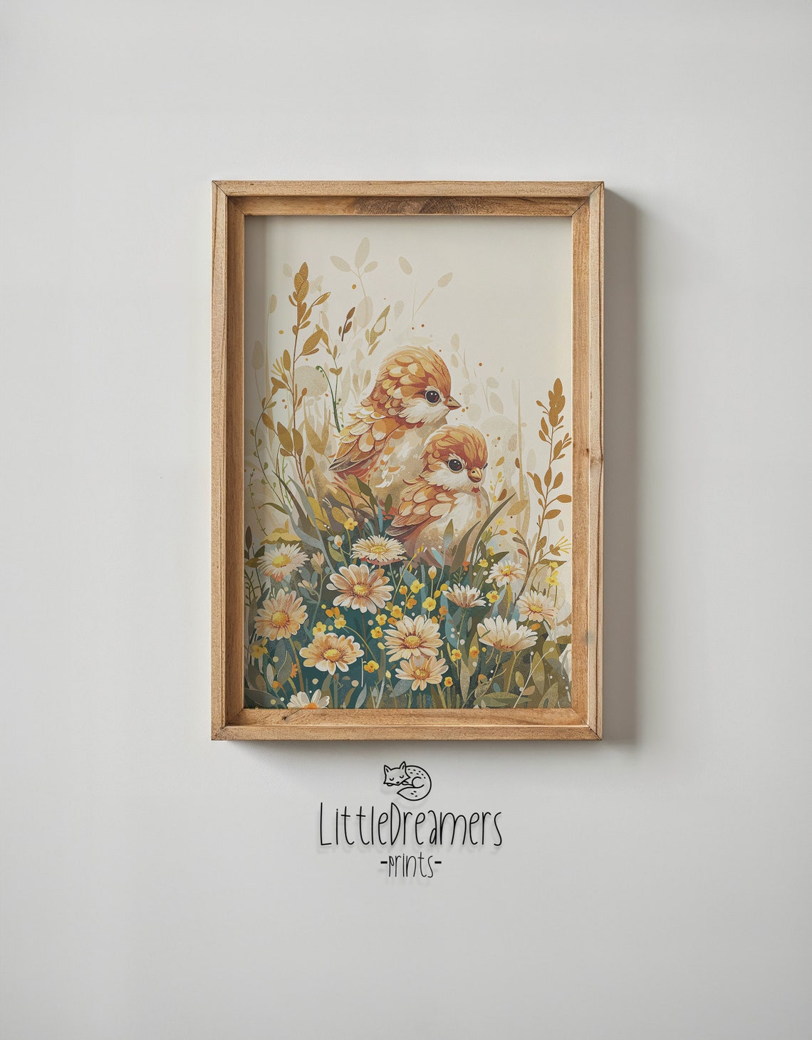 Two Baby Birds Daisy Meadow Watercolor Floral Spring Nursery Poster