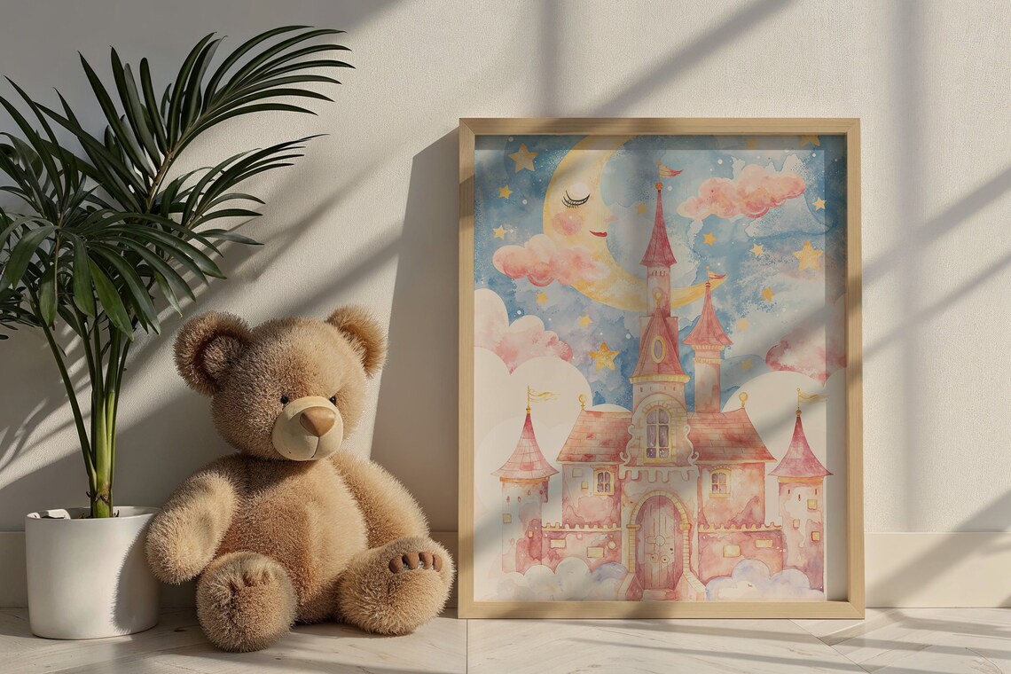 Pink Fairytale Castle Sleeping Moon Watercolor Nursery Wall Poster - Image 6