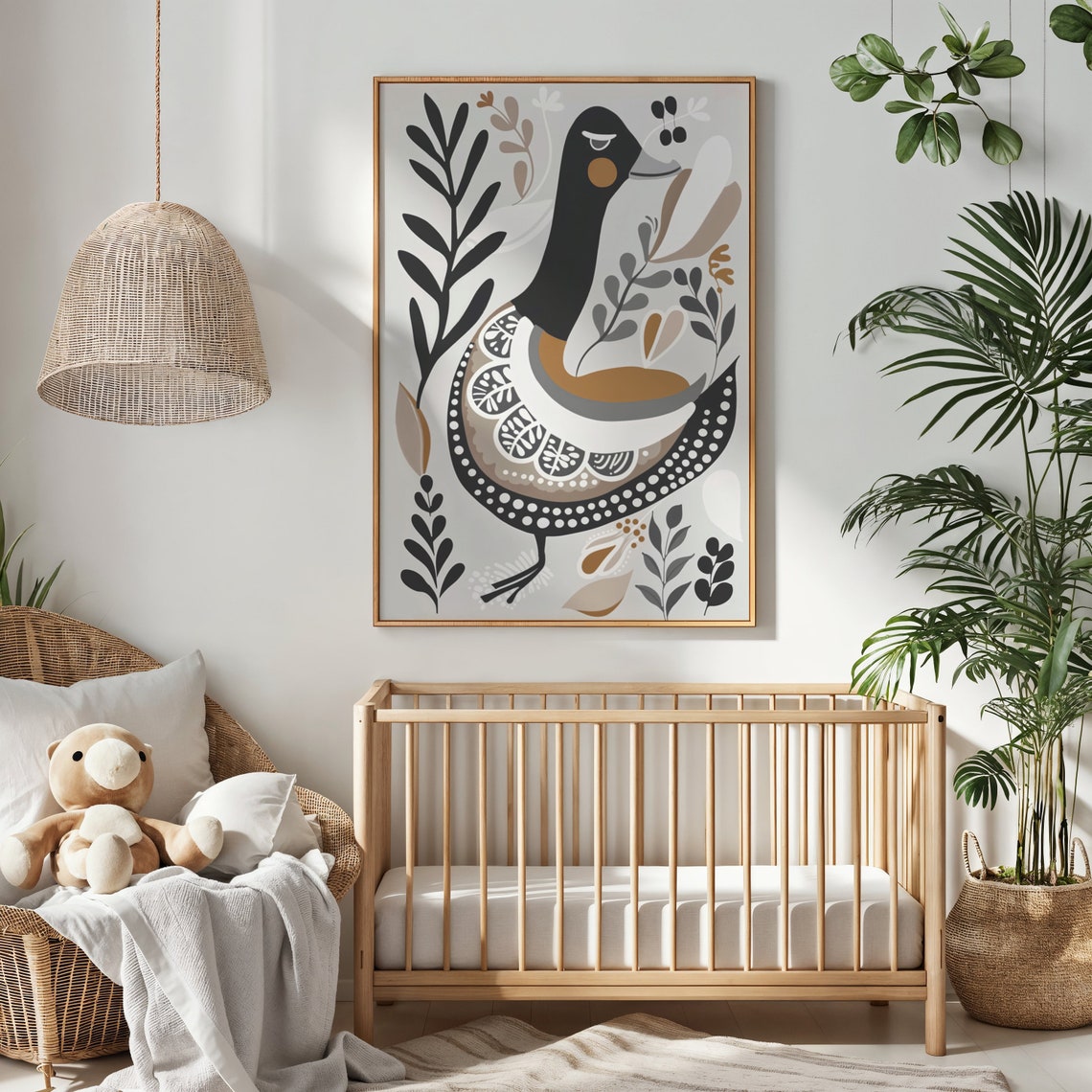 Folk Art Duck Nursery Poster Scandinavian Black Tan Botanical Print - Image 4