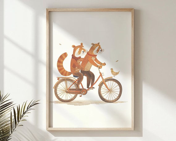 Two Red Pandas Riding Tandem Bike Watercolor Nursery Kids Room Poster