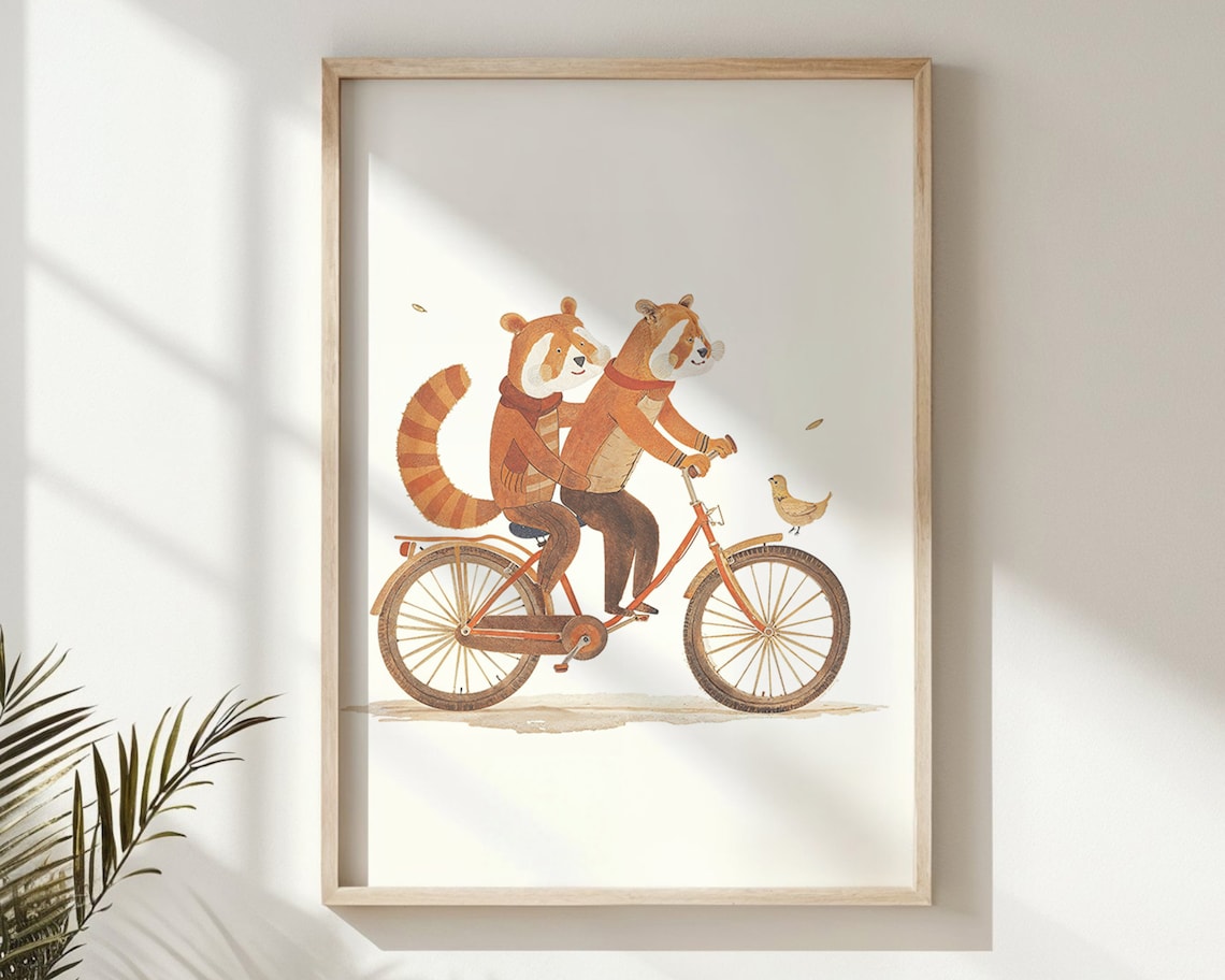 Two Red Pandas Riding Tandem Bike Watercolor Nursery Kids Room Poster