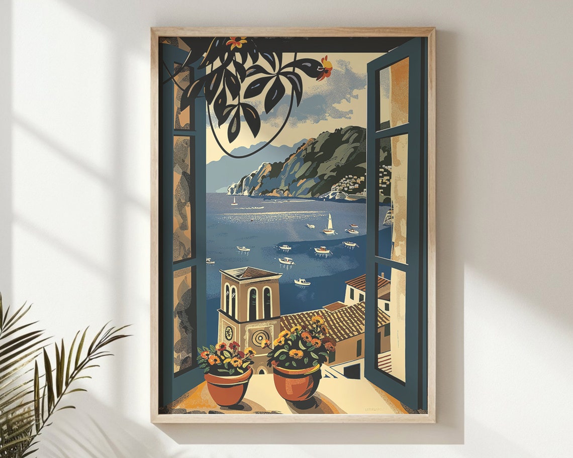 Mediterranean Harbor Bell Tower Window View Coastal Town Travel Poster