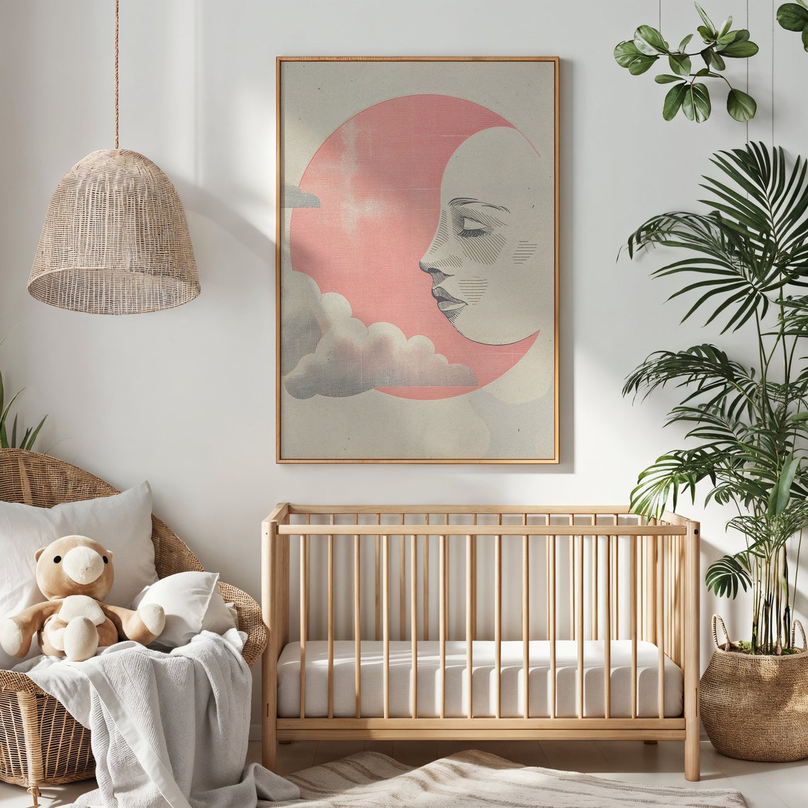 Moon And Clouds Abstract Print Nursery Wall Art Kids Bedroom Celestial Decor Vintage Style Moon Face Poster Gift - Image 3