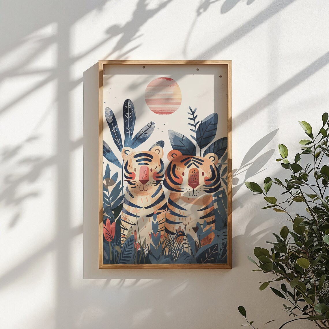 Two Tigers Jungle Nursery Poster Sun Foliage Playful Safari Kids Art - Image 3