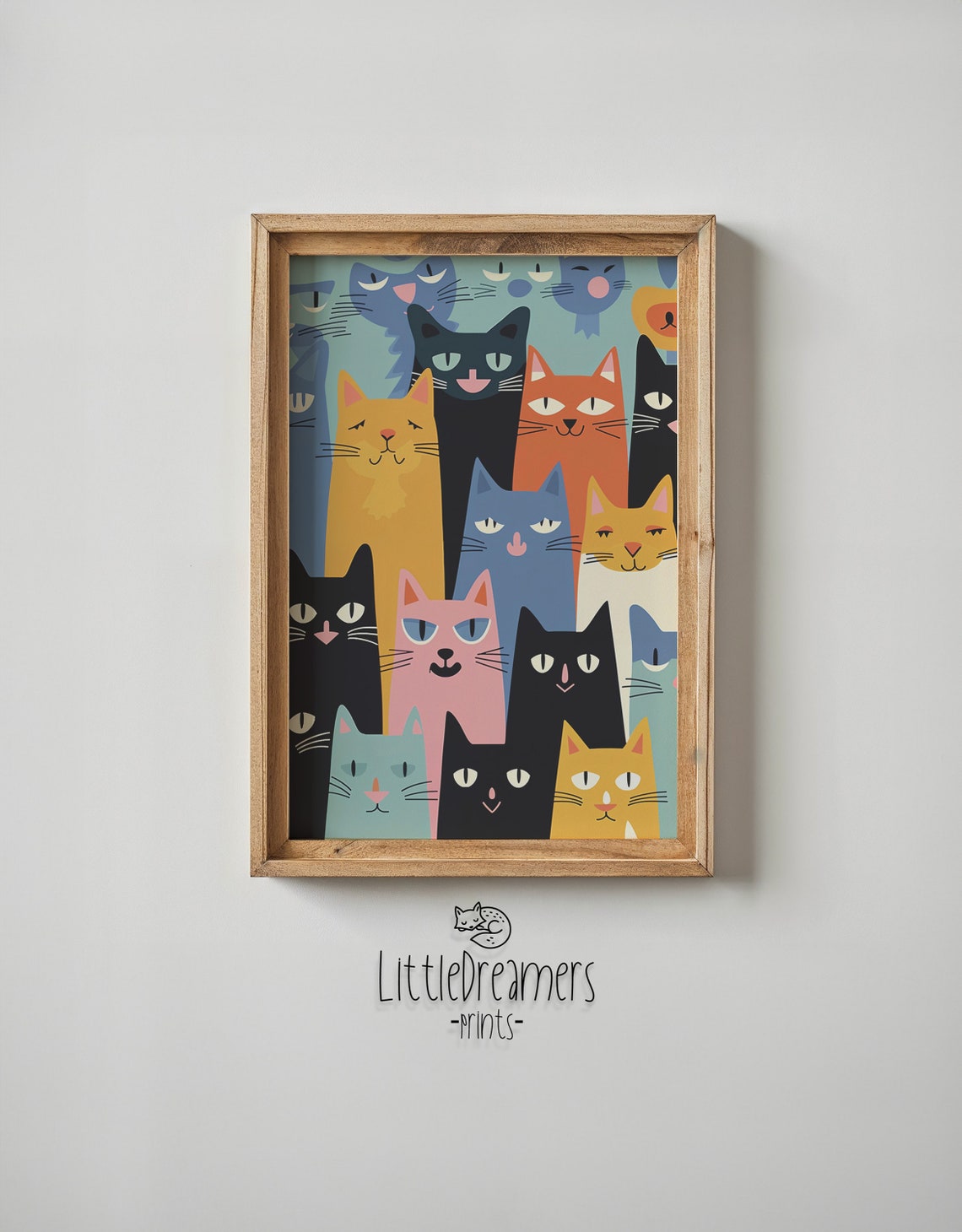 Colorful Cartoon Cat Faces Crowd Pattern Playful Kids Animal Art Print - Image 4