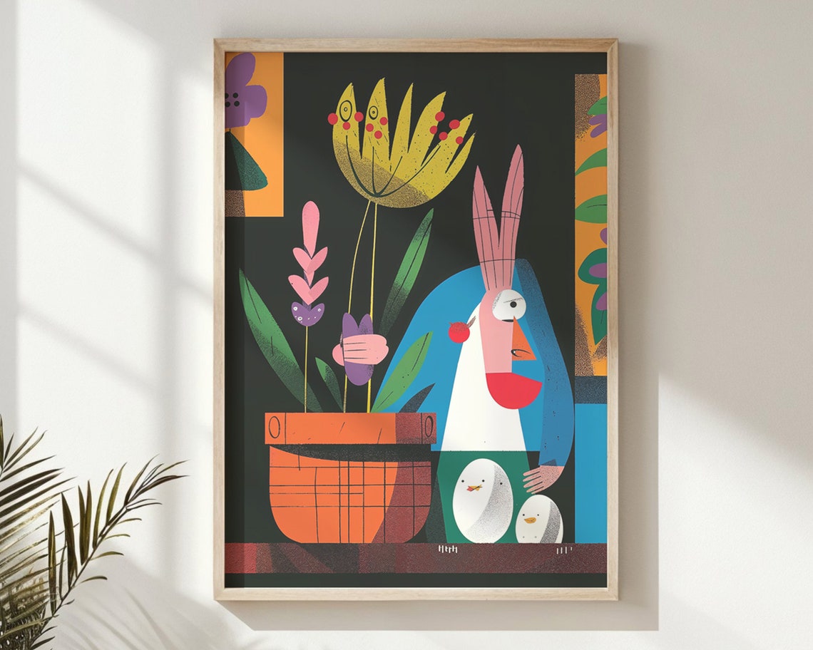 Abstract Easter Bunny Chicks Flower Pot Bold Pop Art Nursery Poster