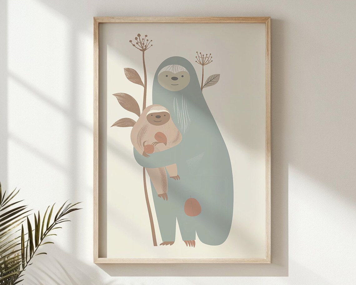 Mother And Baby Sloth Minimalist Neutral Tones Nursery Wall Art Poster
