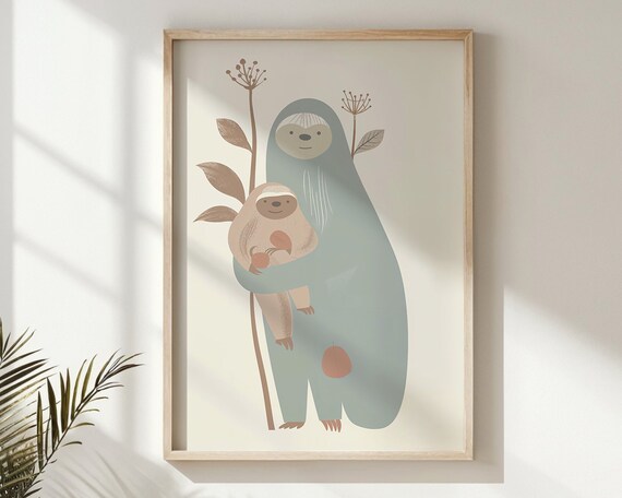 Mother And Baby Sloth Minimalist Neutral Tones Nursery Wall Art Poster