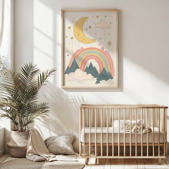 Pastel Rainbow And Moon Print Nursery Wall Art Mountain Scene Kids Posters Decor Instant Night Sky Illustration