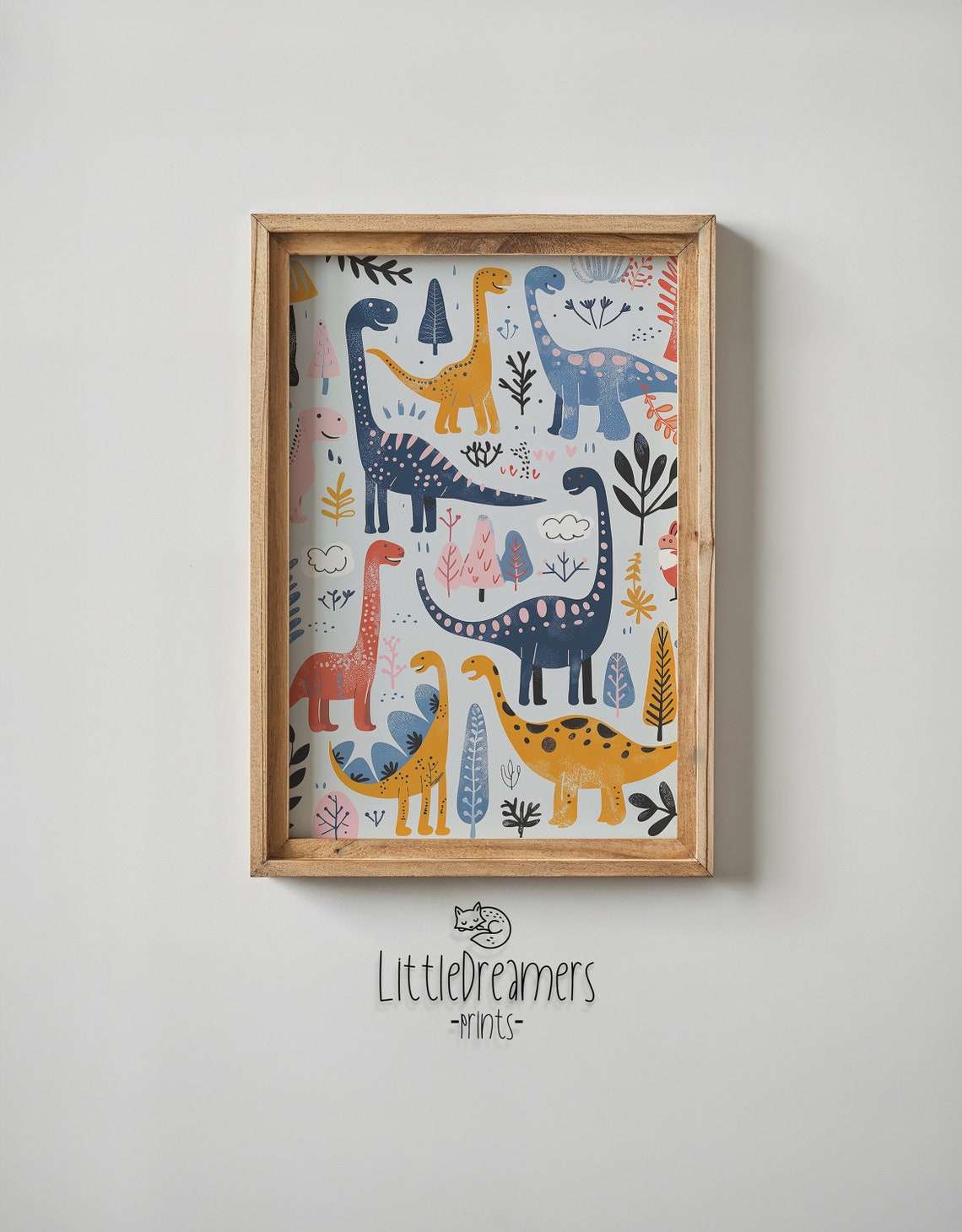 Colorful Long Neck Dinosaurs Pattern White Kids Room Nursery Poster - Image 5