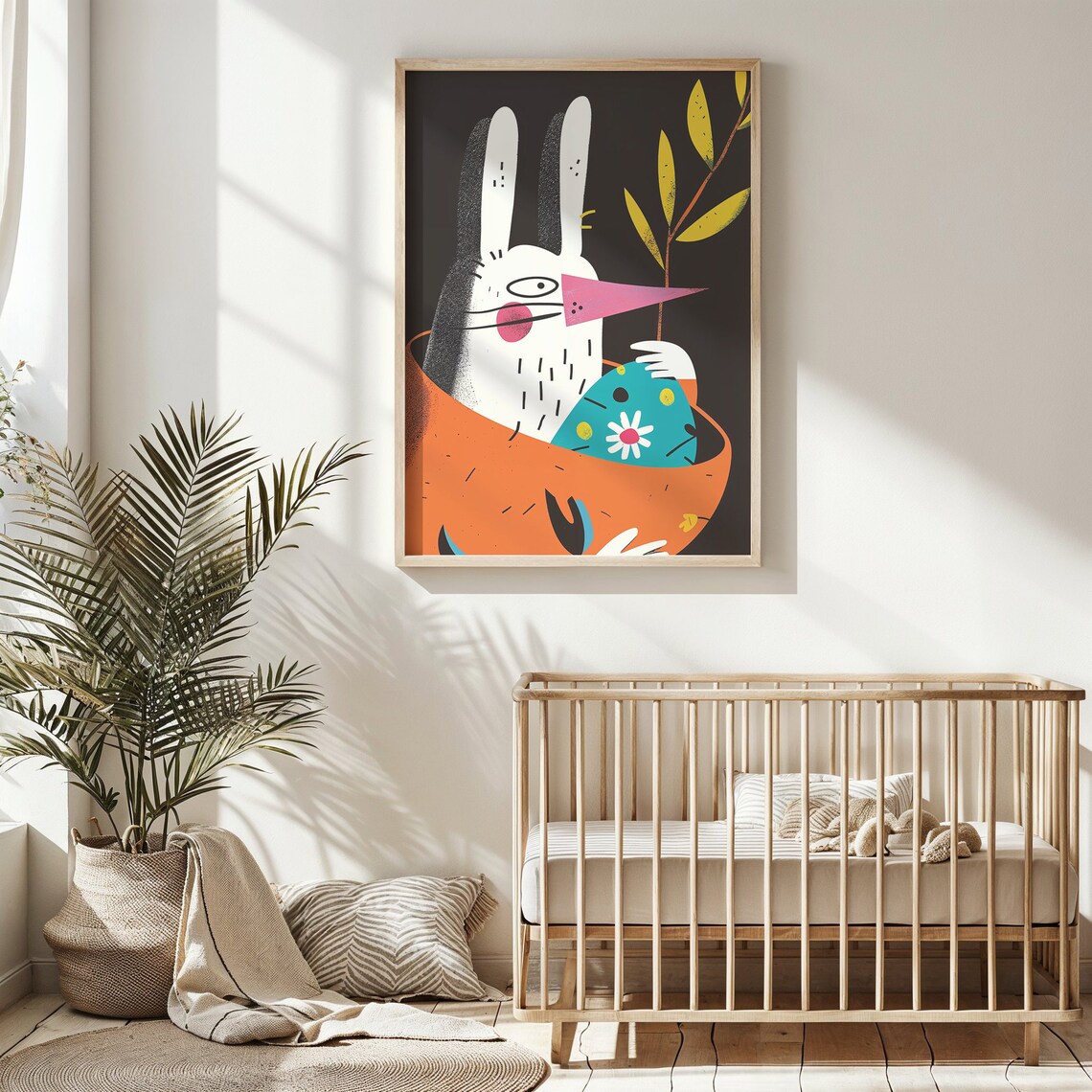 Quirky Bunny Peeking Orange Basket Blue Egg Bold Graphic Kids Room Poster - Image 2