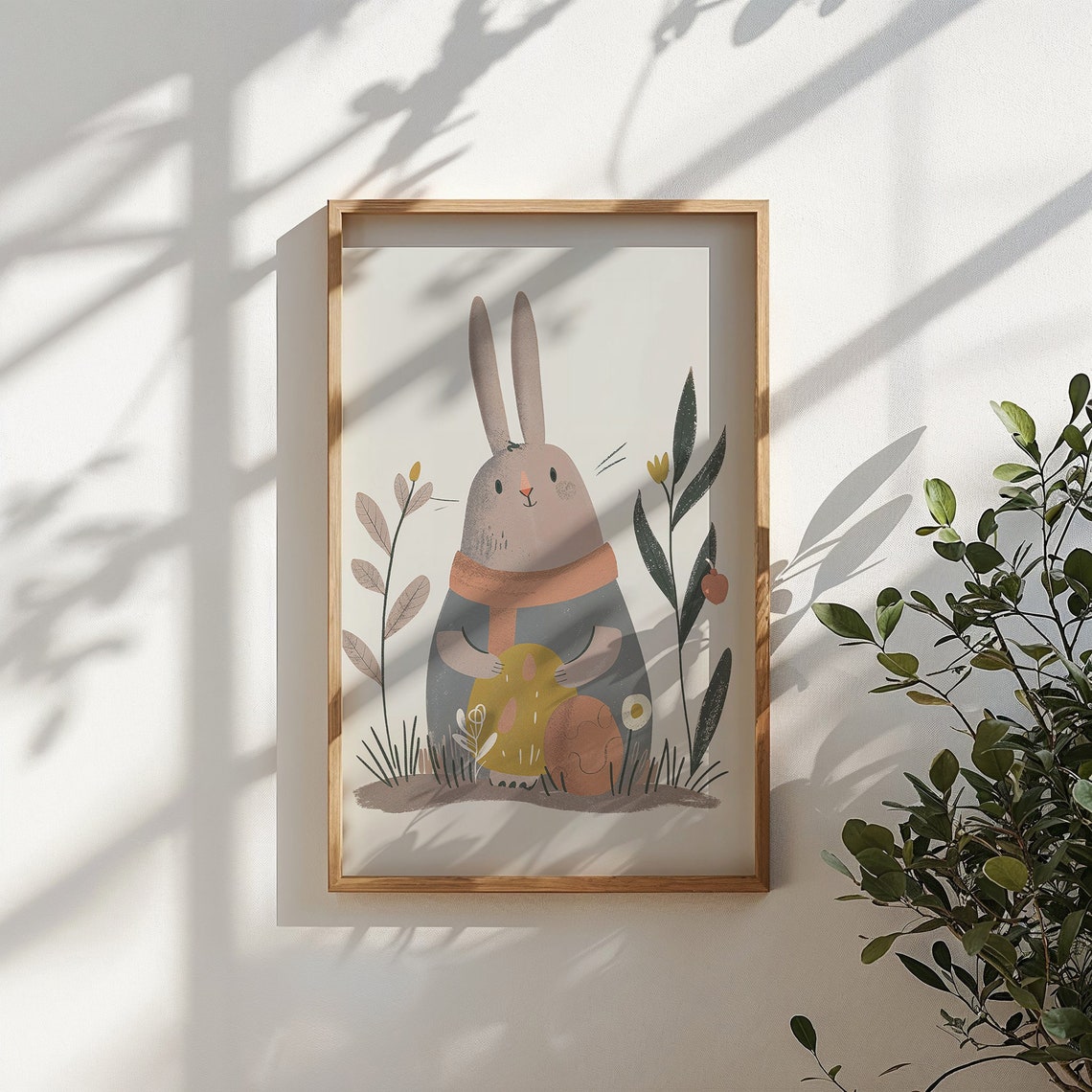 Gray Bunny in Orange Scarf Holding Easter Egg Minimal Kids Poster - Image 6