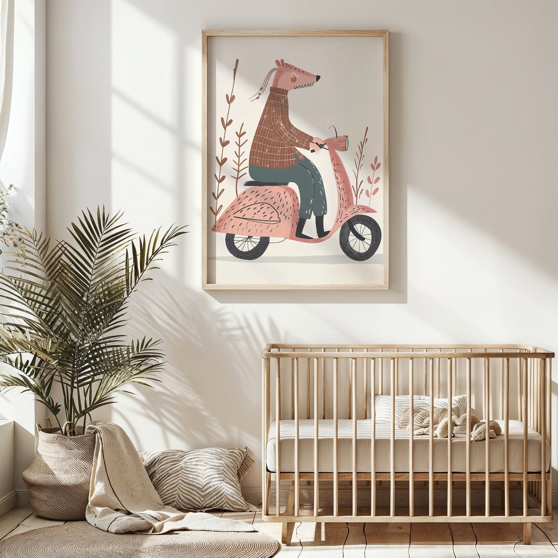 Whimsical Animal Riding Pink Scooter Nursery Poster Playful Kids Art