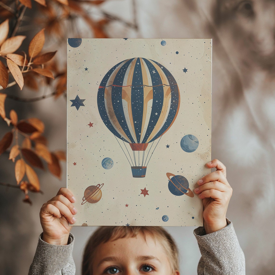 Vintage Hot Air Balloon Planets Stars Cosmic Adventure Kids Poster - Image 2