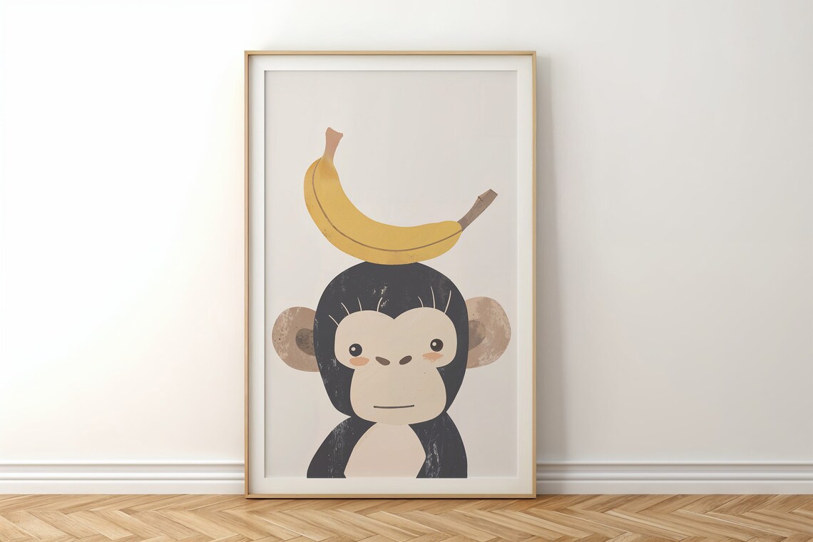 Monkey And Banana Nursery Animal Poster, Neutral Tones - Image 4