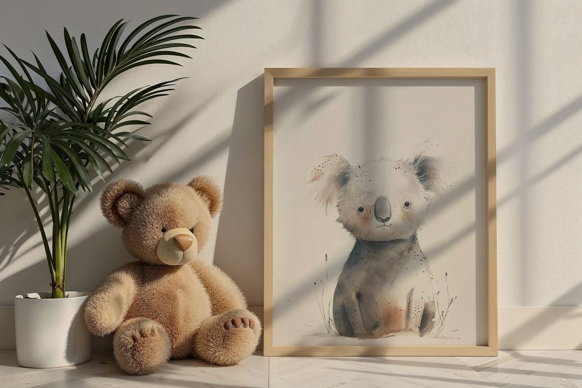 Baby Koala Watercolor Nursery Poster Soft Gray Neutral Tones Kids Art - Image 5