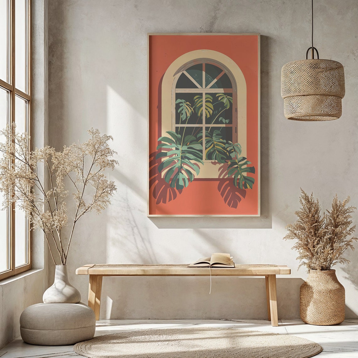 Monstera Greenery Arched Window Terracotta Wall Botanical Art Print