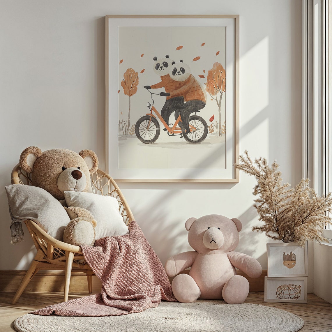 Two Pandas Riding Bicycle In Autumn Trees Watercolor Nursery Poster - Image 5