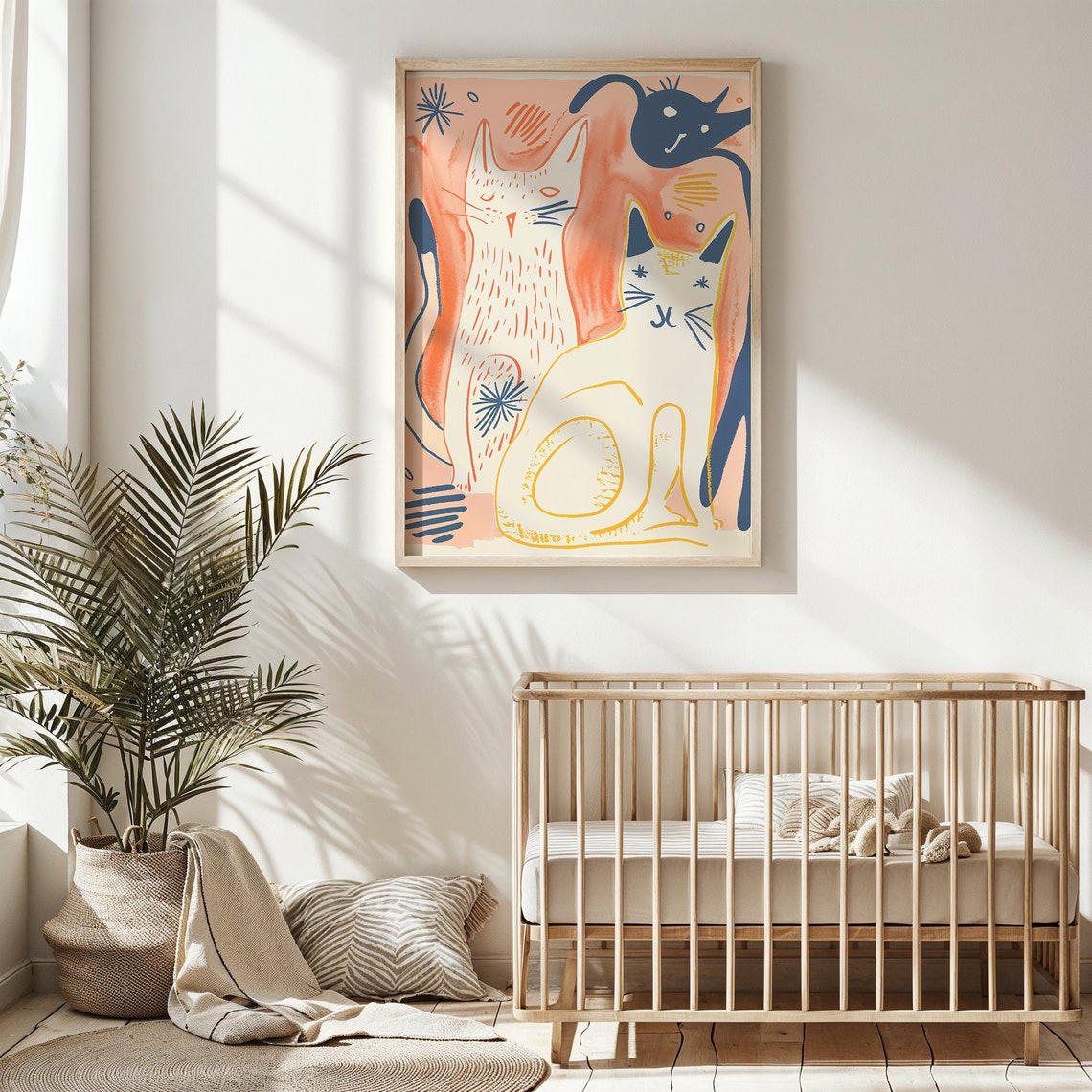 Playful Kittens Abstract Line Art Coral And Navy Modern Cat Wall Art - Image 4
