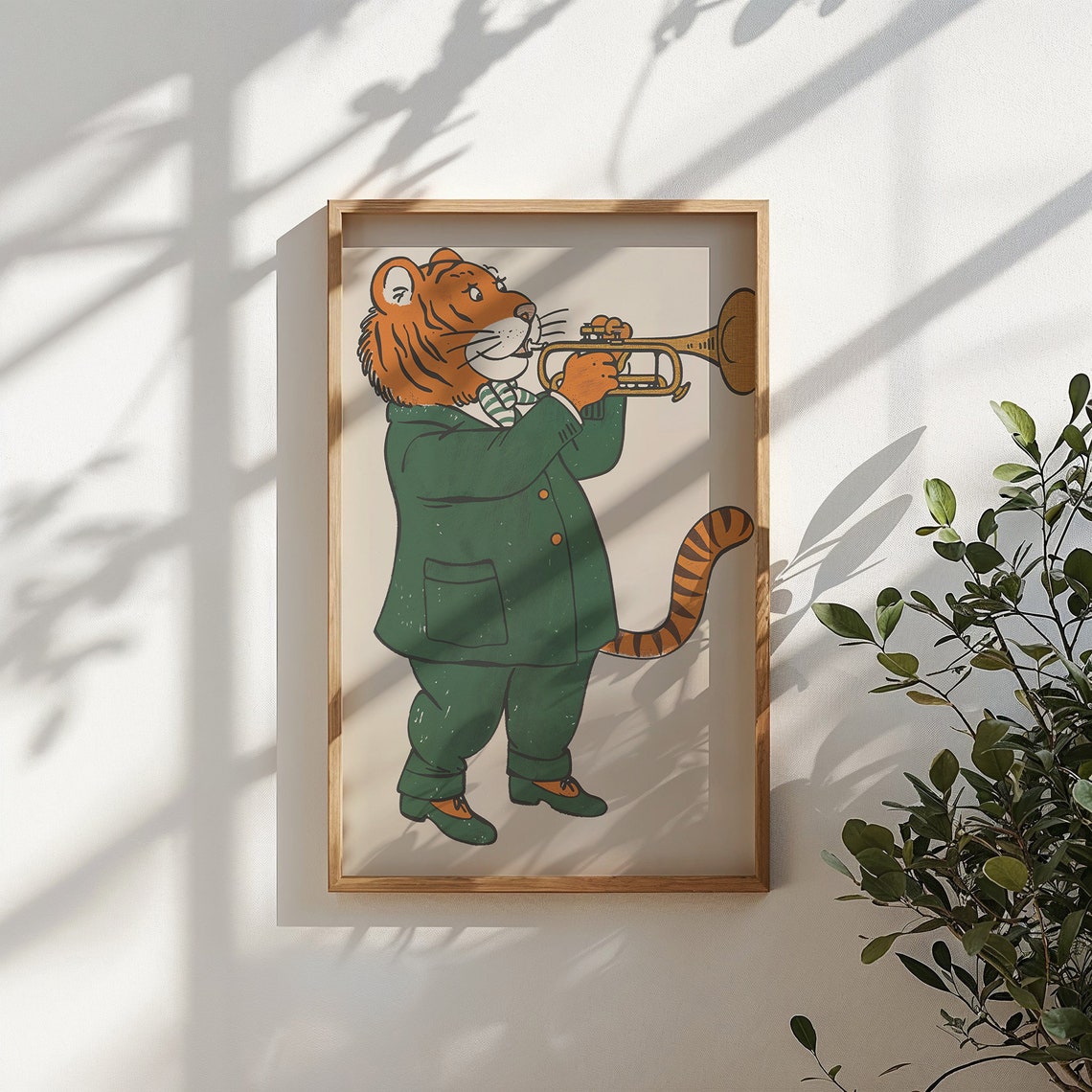 Tiger Playing Gold Trumpet Green Suit Scarf Kids Music Wall Poster - Image 4