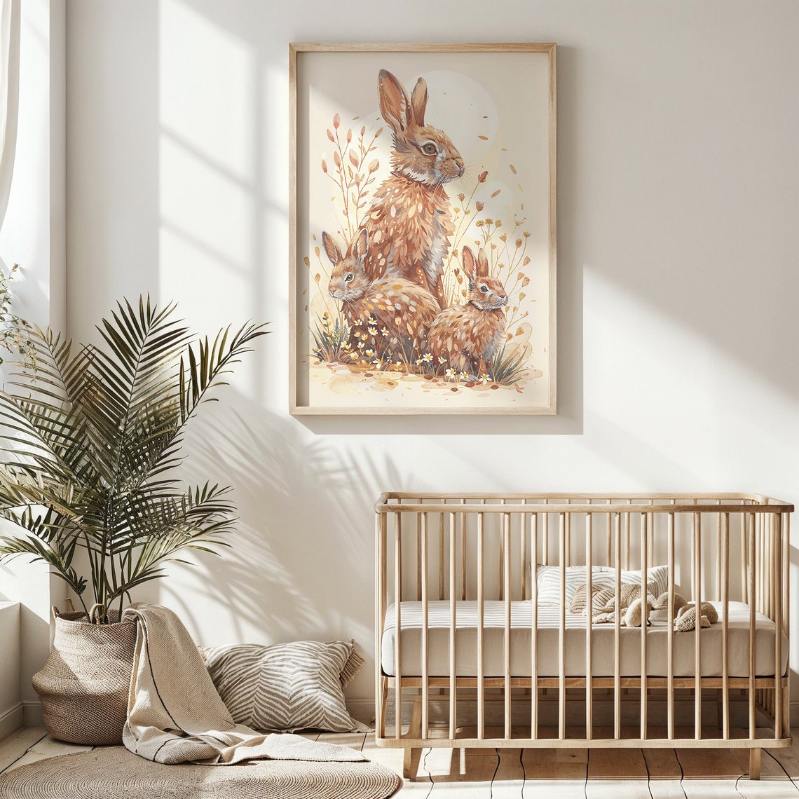 Bunny Family Watercolor Three Rabbits With Daisies Nursery Art Print - Image 4