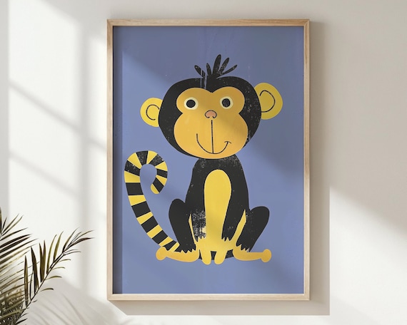 Smiling Yellow Monkey Cartoon Illustration Nursery Kids Room Animal Poster