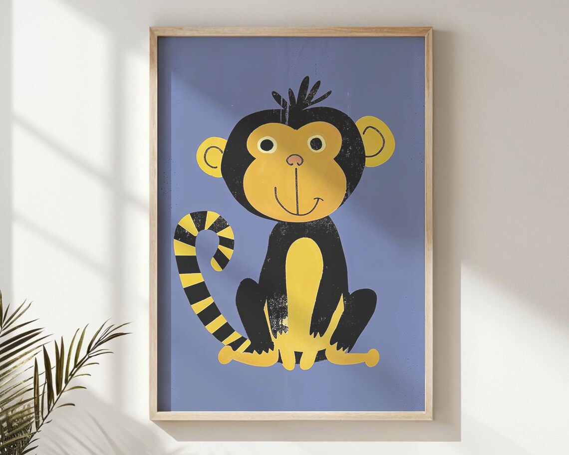 Smiling Yellow Monkey Cartoon Illustration Nursery Kids Room Animal Poster