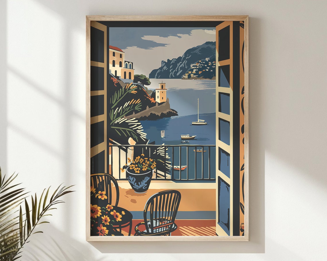 Mediterranean Terrace Coast Church Tower Boats Balcony Travel Poster