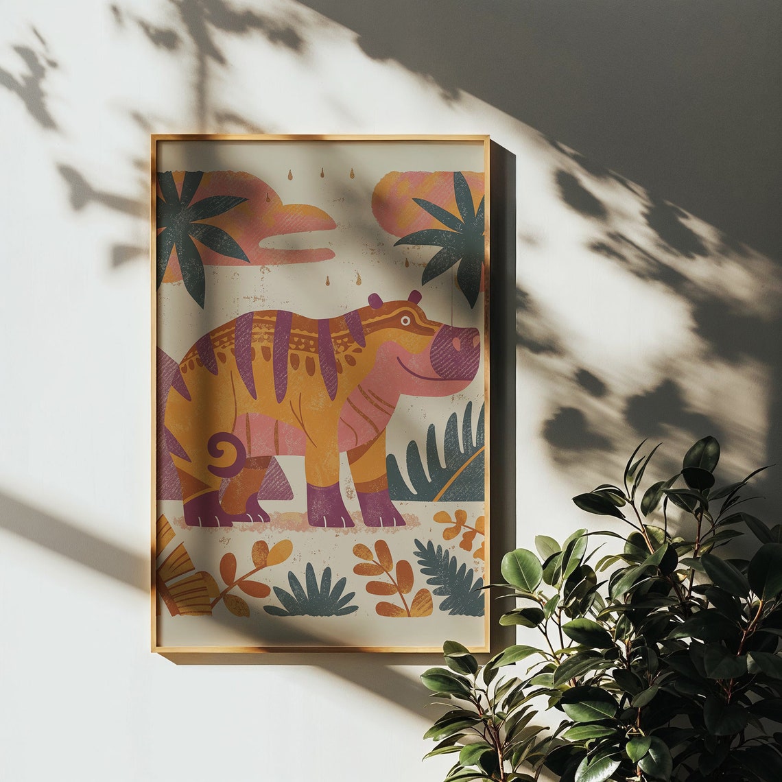 Colorful Patterned Hippo Among Tropical Plants Kids Room Poster - Image 4