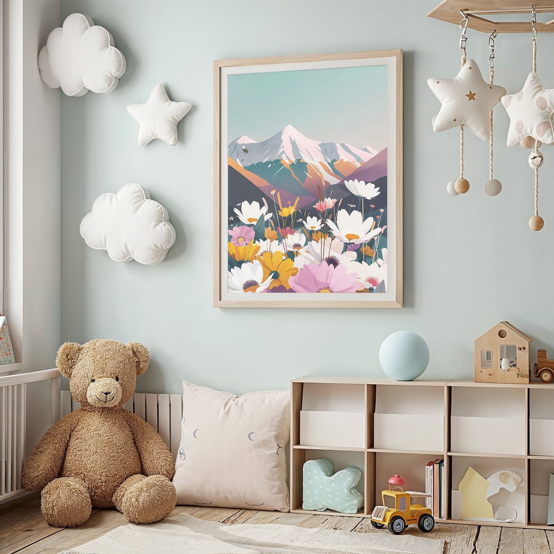 Snowcapped Mountain Wildflower Meadow Daisy Bloom Nature Wall Poster - Image 2