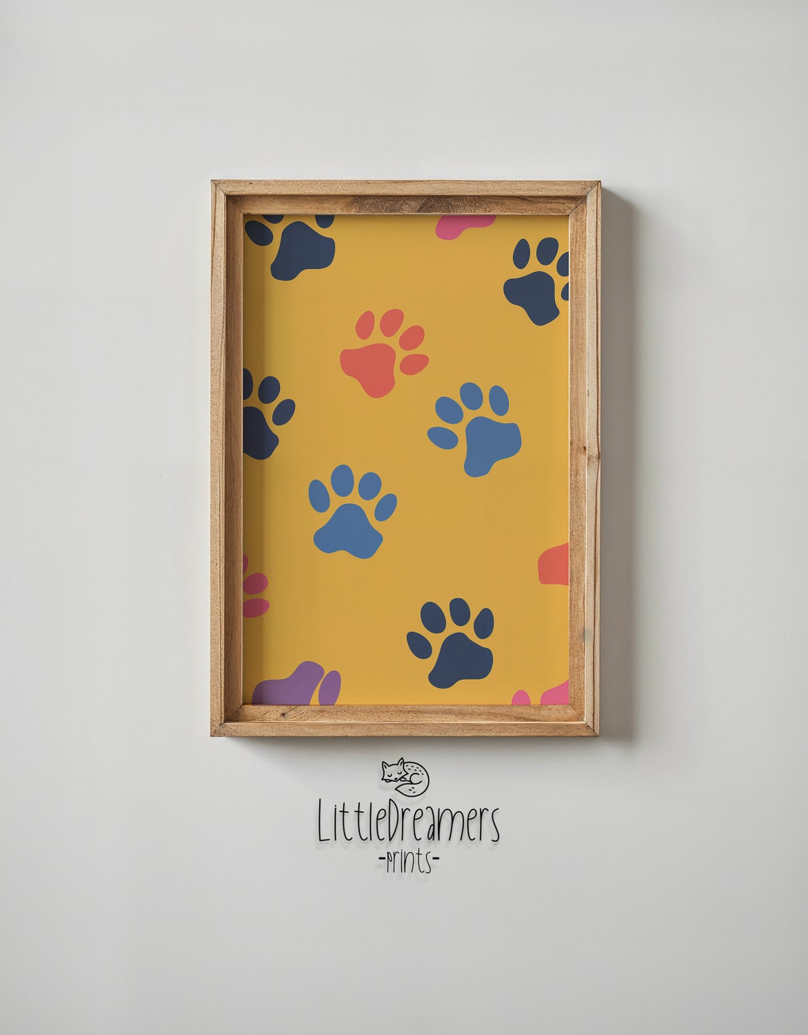 Colorful Paw Prints Mustard Yellow Background Kids Nursery Art Poster - Image 6