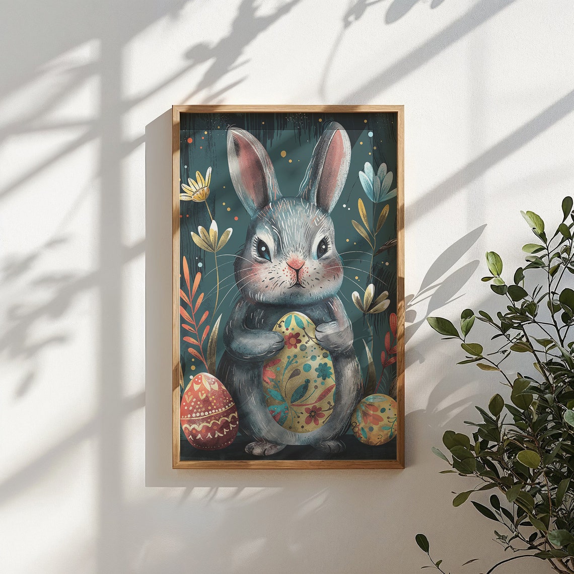 Gray Bunny Holding Painted Easter Egg Dark Teal Storybook Poster - Image 5