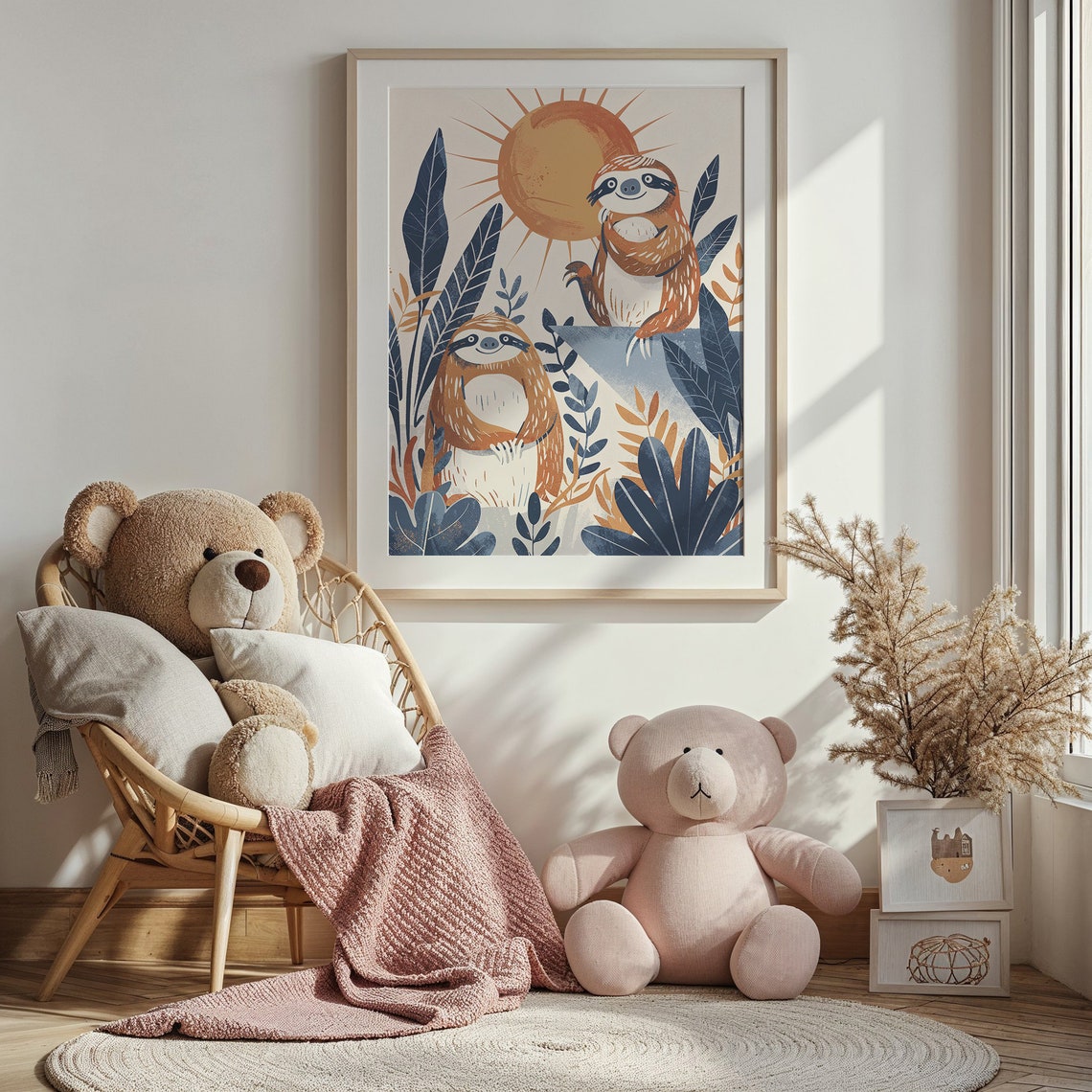 Two Sloths Sun Nursery Poster Jungle Foliage Playful Kids Room Art - Image 2