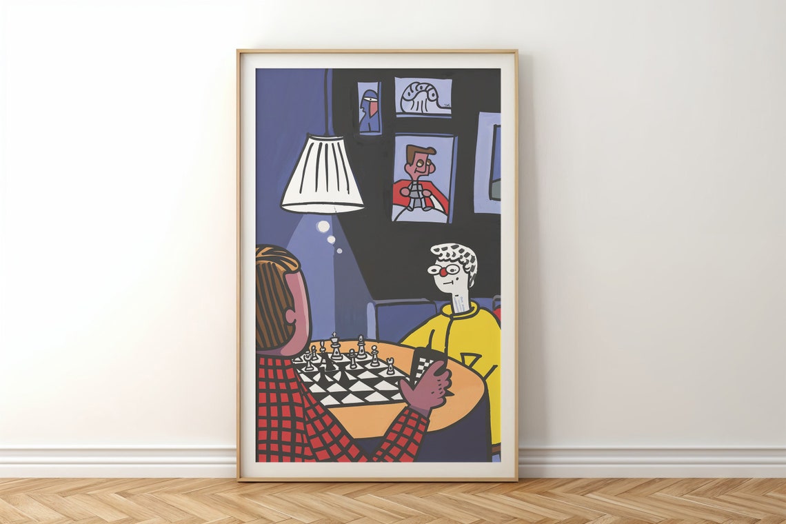 Chess Match Cafe Scene Friends Night Cartoon Game Wall Art Poster - Image 5