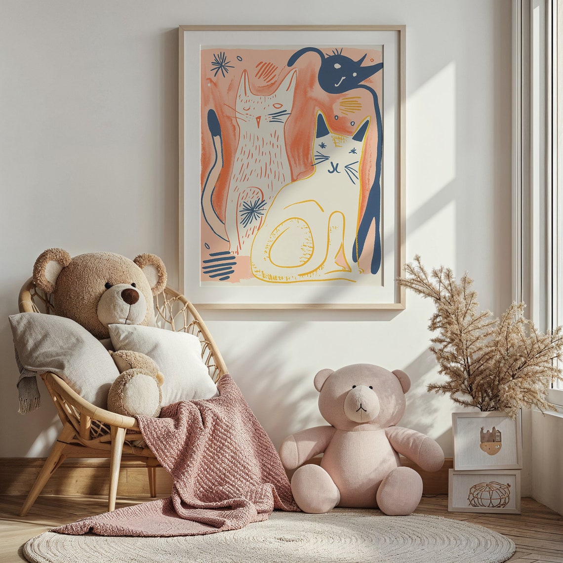 Playful Kittens Abstract Line Art Coral And Navy Modern Cat Wall Art - Image 3
