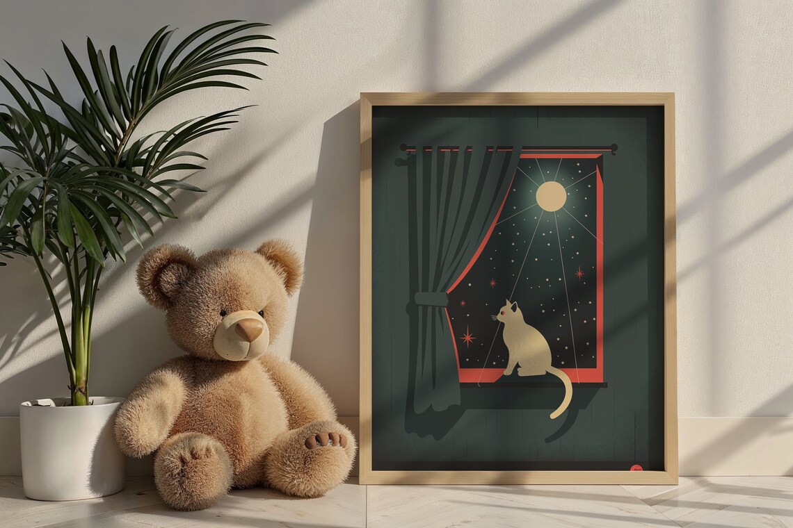 Cat Stargazing At Full Moon Through Window Celestial Nursery Wall Art Poster - Image 5