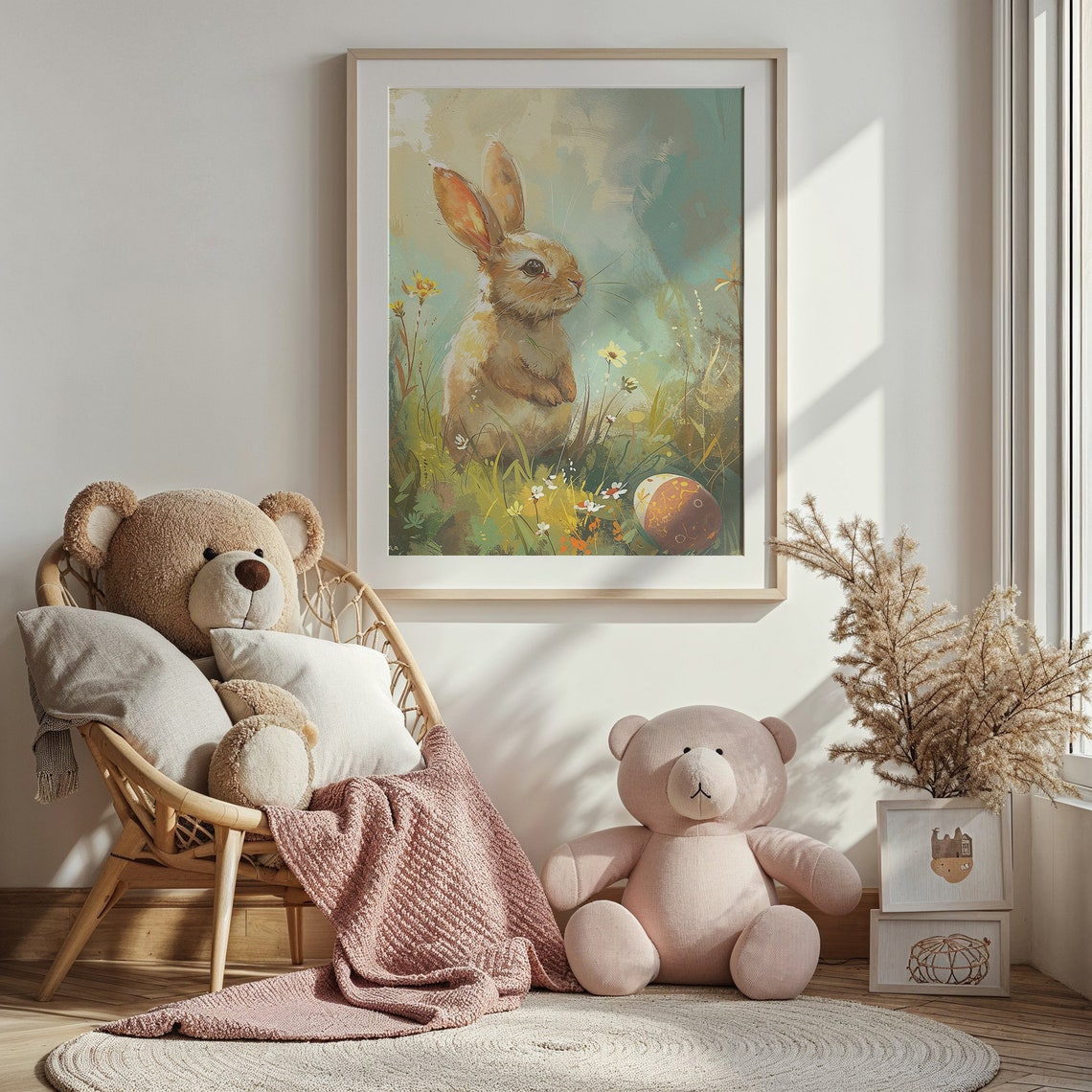 Golden Bunny Watercolor Meadow Wildflower Easter Egg Nursery Poster - Image 3