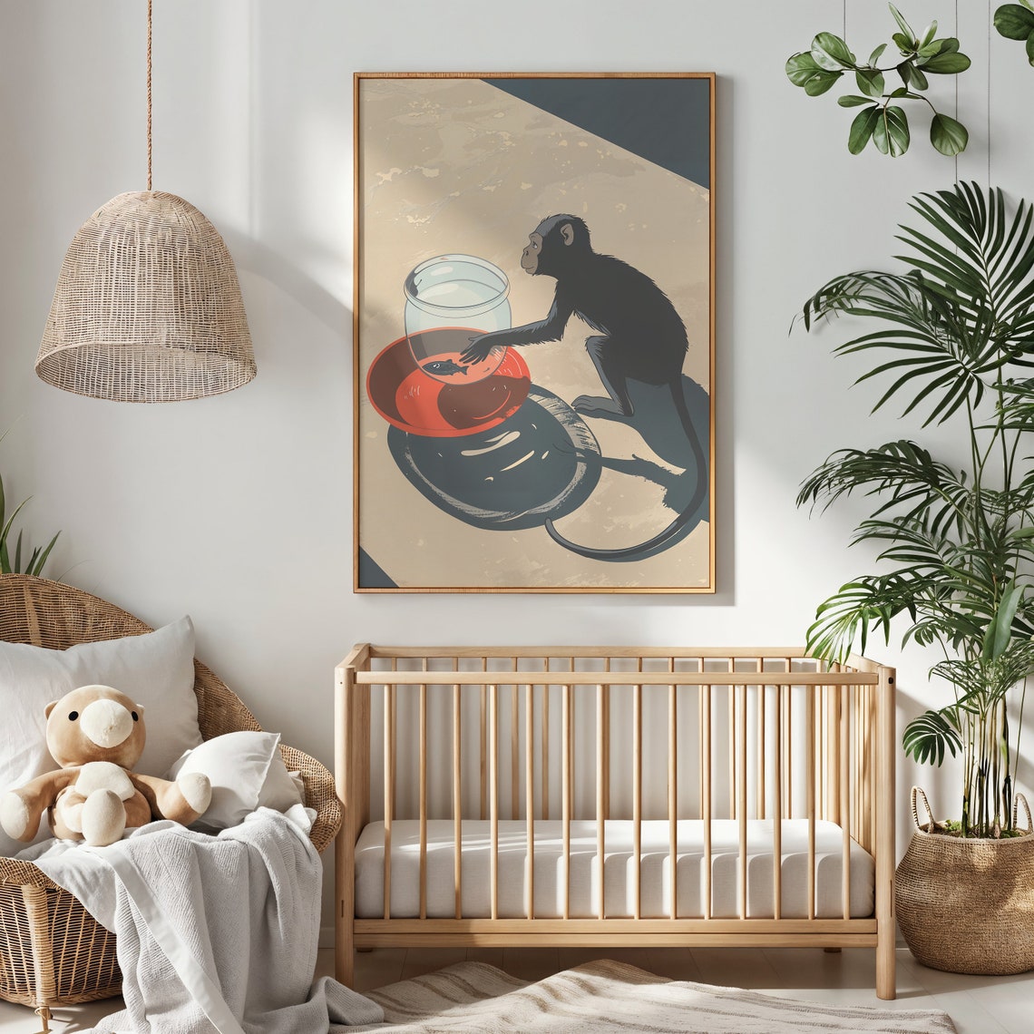 Curious Monkey Reaching Fishbowl Playful Shadow Retro Nursery Poster - Image 2