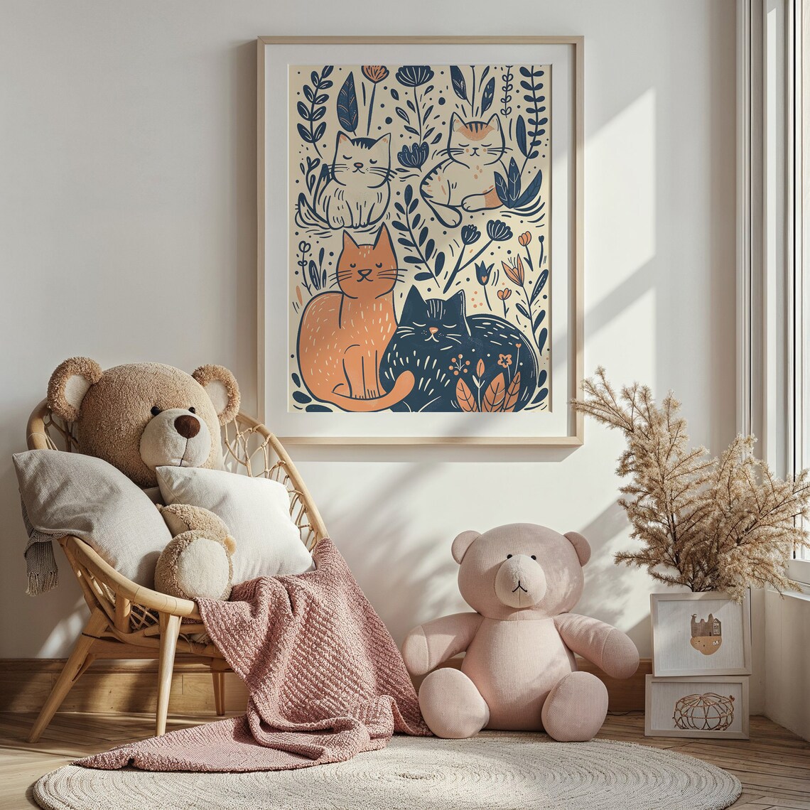 Four Cats Botanical Floral Illustration Whimsical Kids Room Wall Art Poster - Image 4