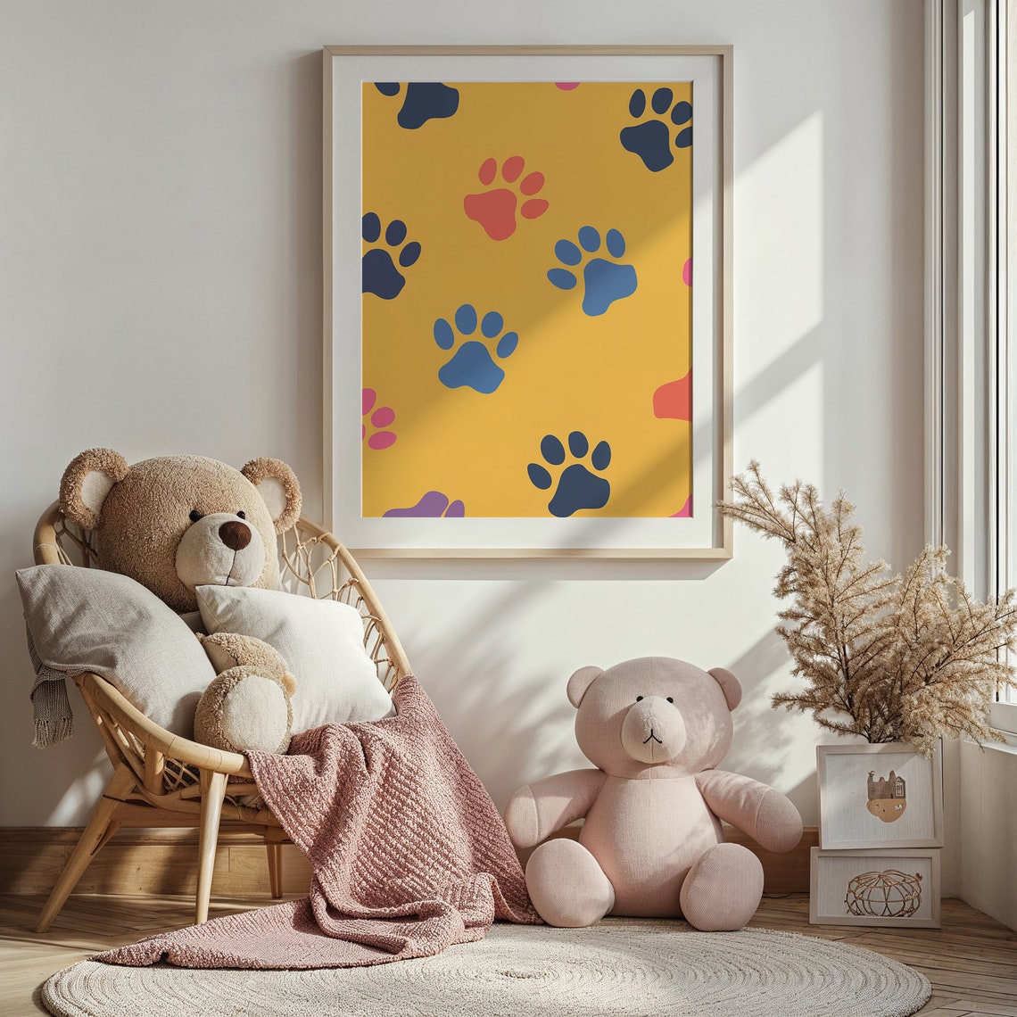 Colorful Paw Prints Mustard Yellow Background Kids Nursery Art Poster - Image 3