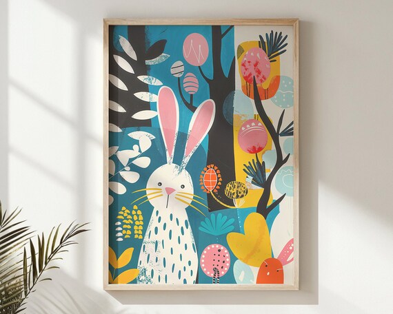 Whimsical Bunny Colorful Eggs Bold Botanical Pop Art Nursery Poster