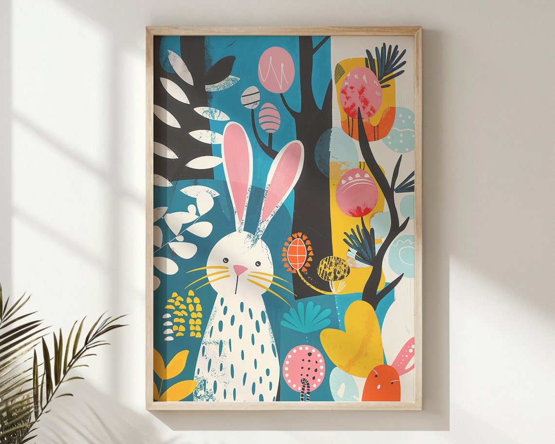 Whimsical Bunny Colorful Eggs Bold Botanical Pop Art Nursery Poster