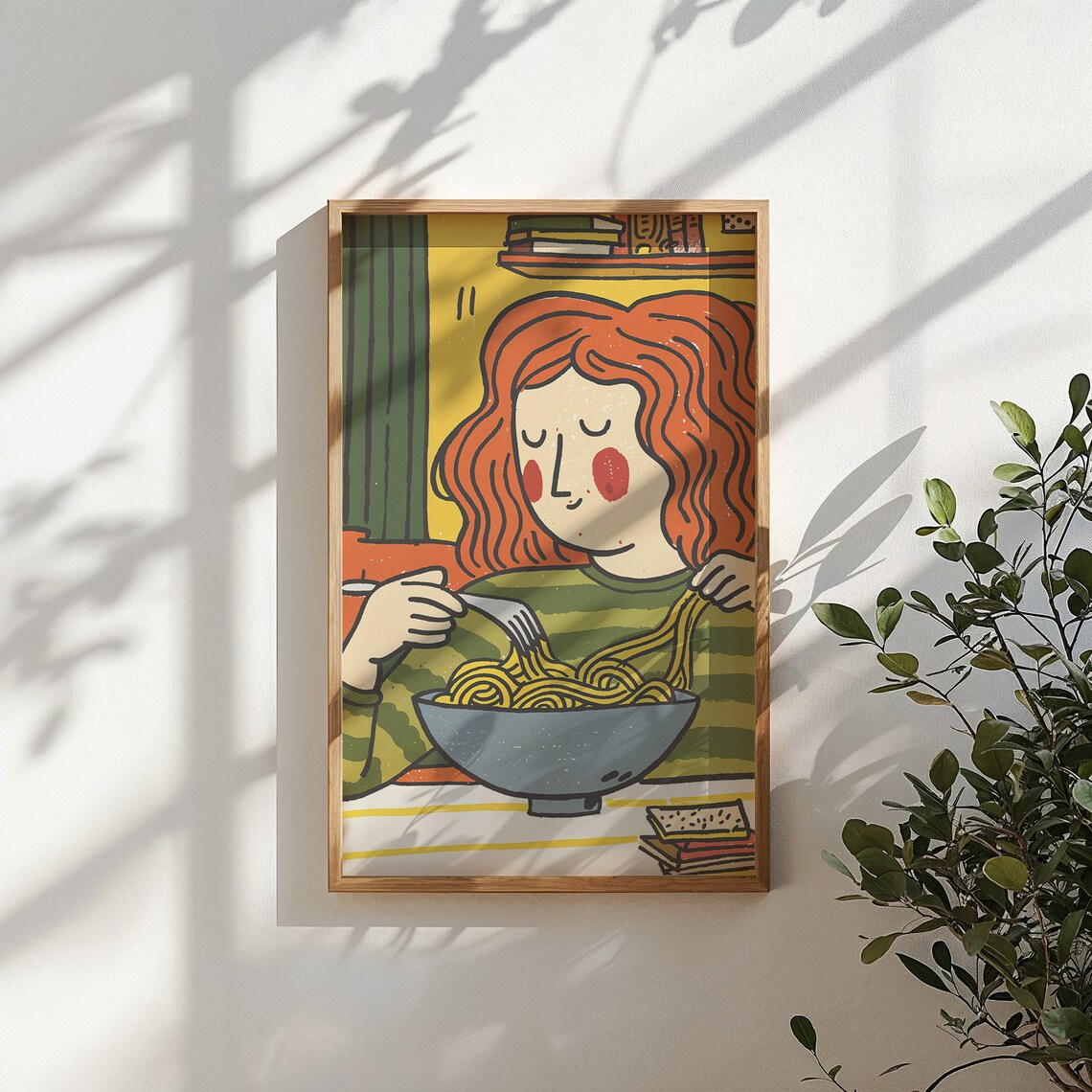 Cozy Girl Eating Noodles Book Lover Cartoon Kitchen Decor Wall Poster - Image 4