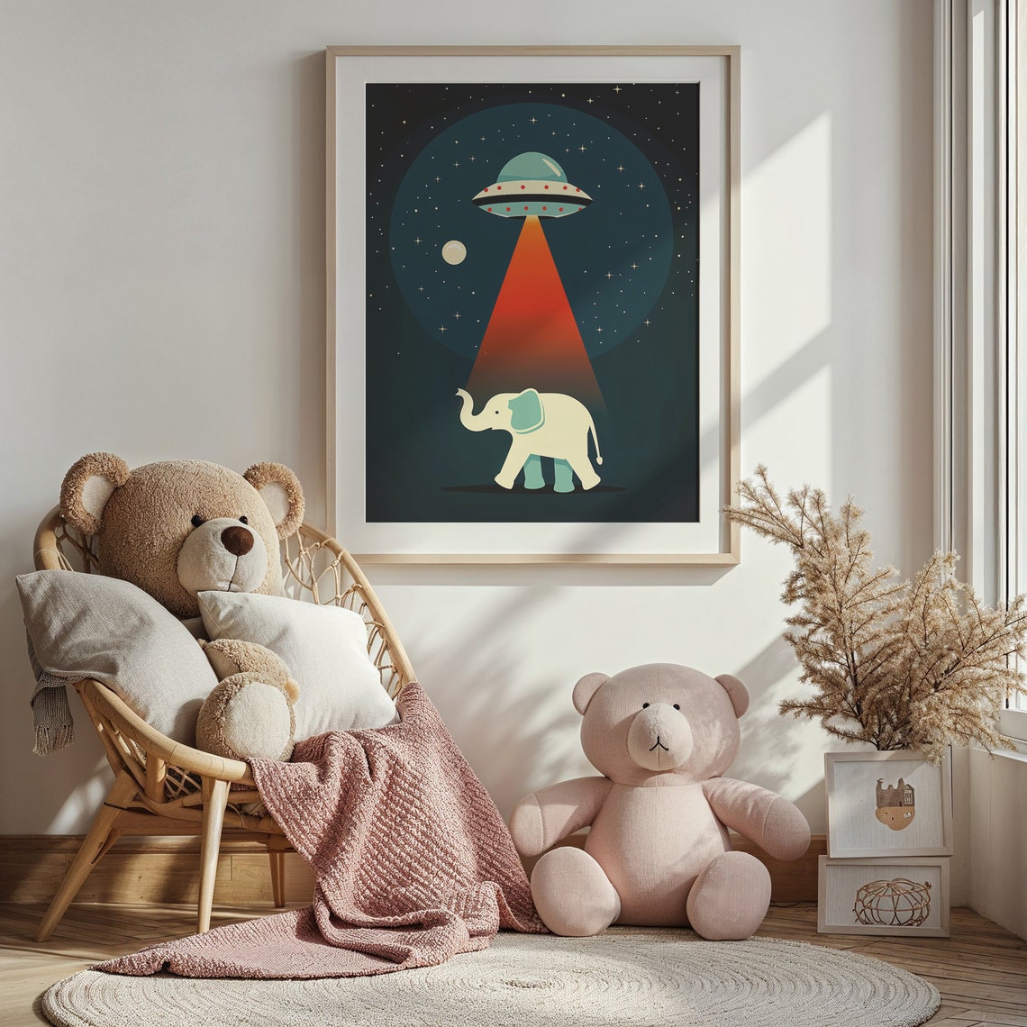 Cute Elephant UFO Abduction Red Beam Retro Space Kids Wall Art Poster - Image 4