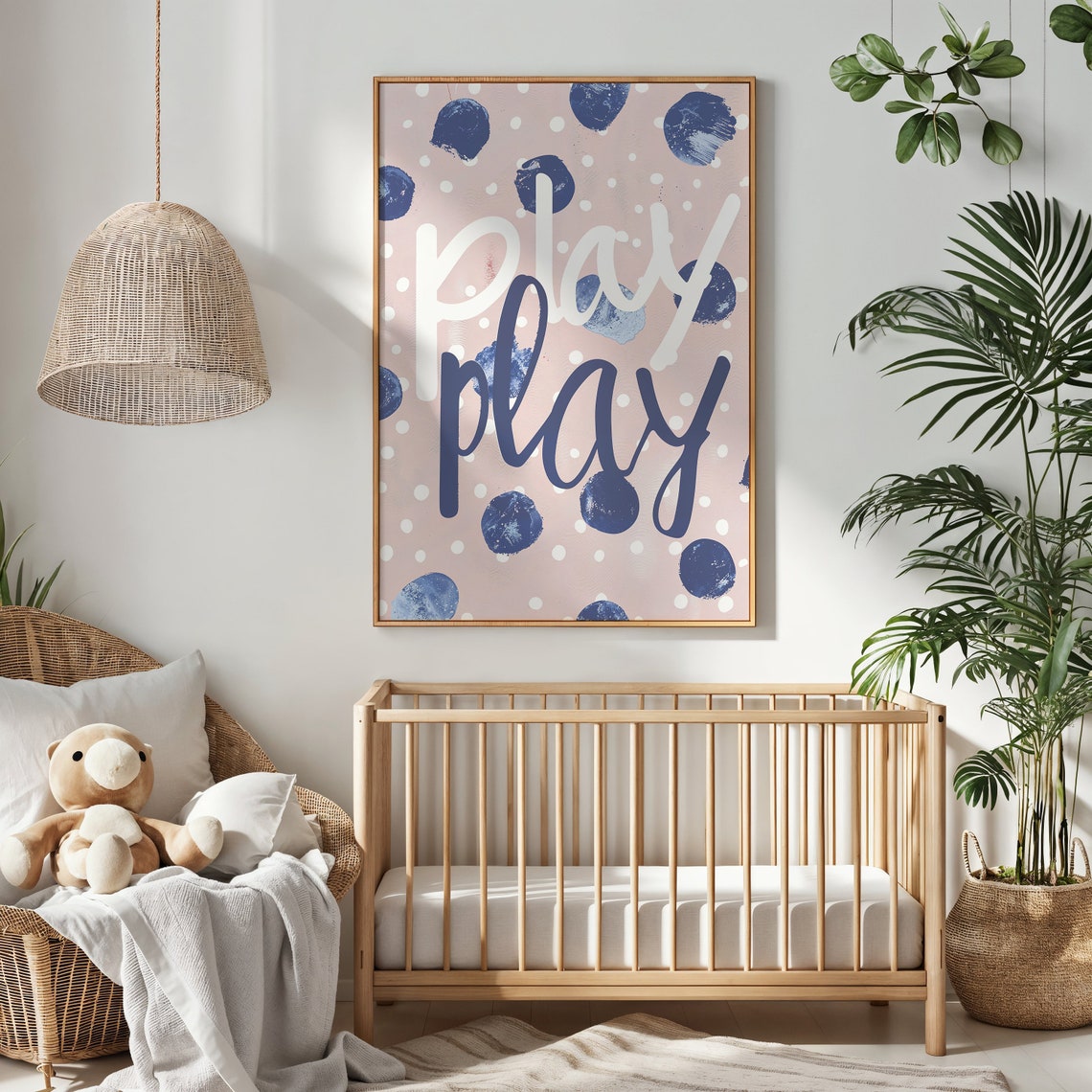 Play Play Pink Navy Polka Dot Typography Kids Room Nursery Poster - Image 3