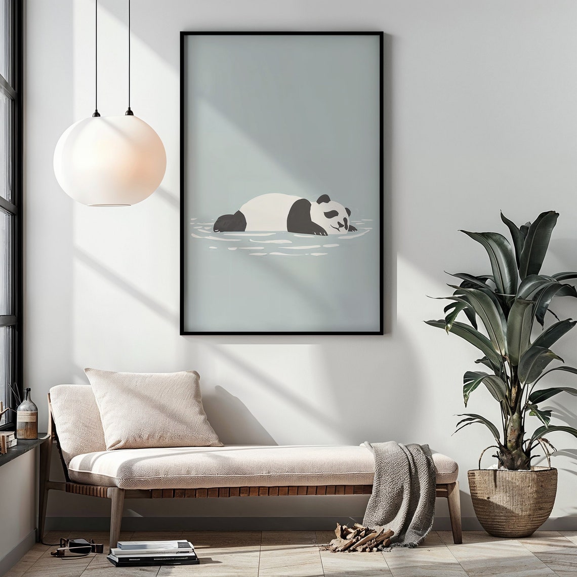 Lazy Panda Floating Calm Blue Water Minimalist Nursery Wall Poster