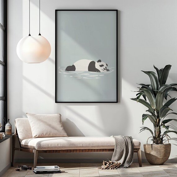Lazy Panda Floating Calm Blue Water Minimalist Nursery Wall Poster