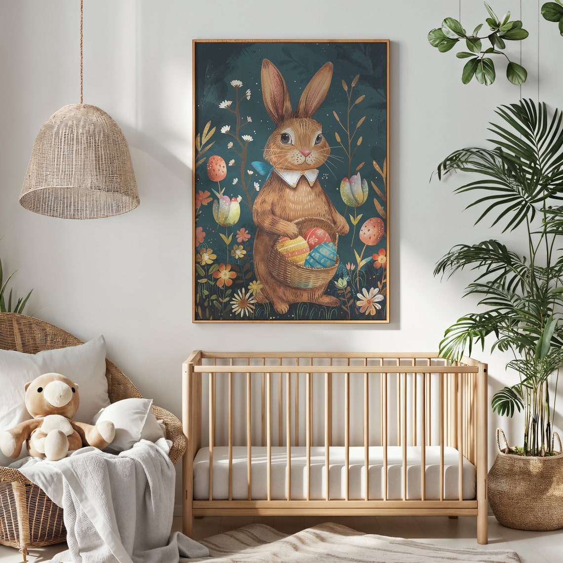 Brown Bunny Ribbon Collar Egg Basket Dark Floral Storybook Poster - Image 2