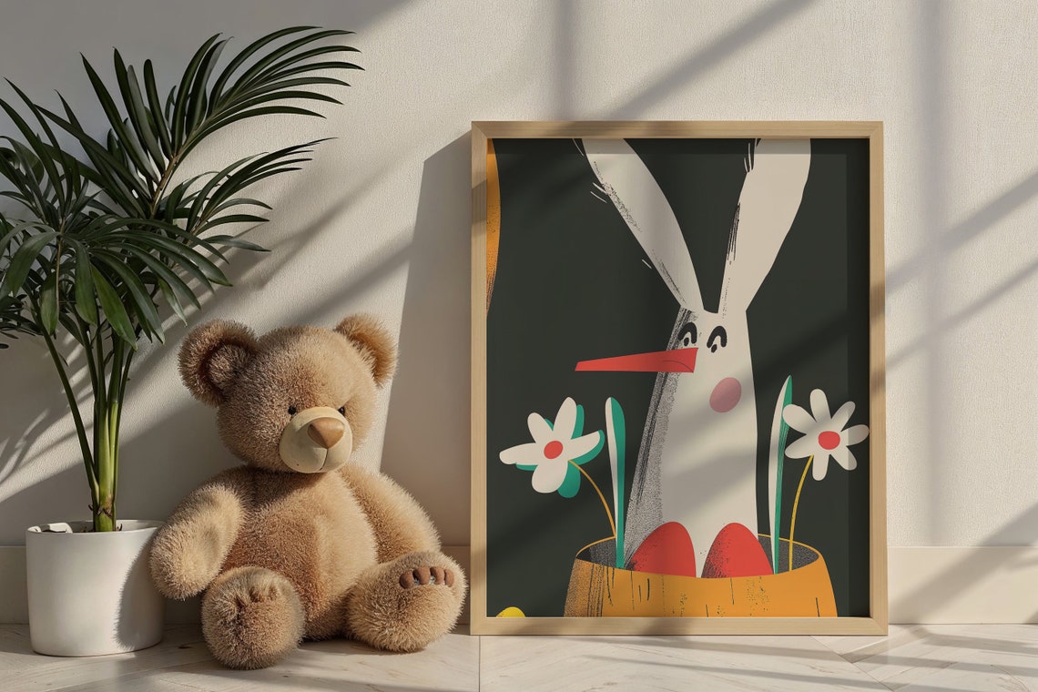 Playful Bunny Peeking Easter Basket Flowers Bold Cartoon Poster - Image 6