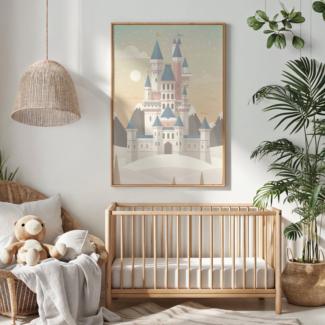 Snowy Pastel Fairytale Castle On Hill Blue Spires Princess Poster - Image 2